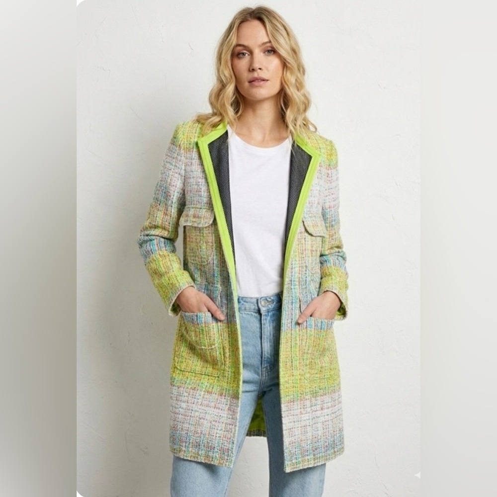 BLONDE No.8 STOCKHOLM Tweed Long Blazer Neon Trim Yellow Blue M Coat - Picture 1 of 16